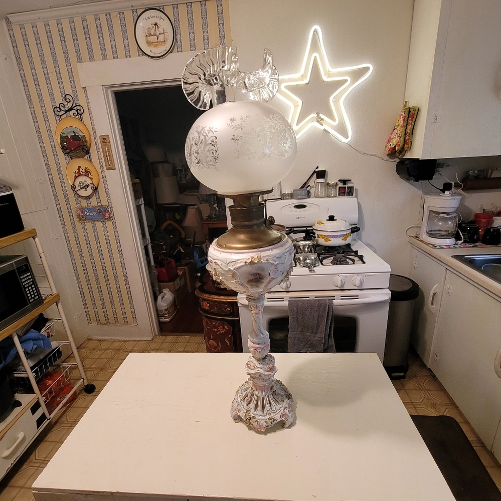 Antique Dresden Porcelain Banquet 1880's Oil Lamp Free Shipping in the US!